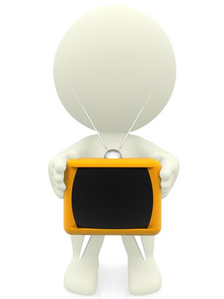 3D person holding a tv isolated over a white background