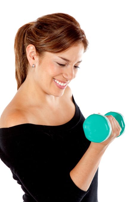 Woman lifting a free-weight and smiling isolated over a white background