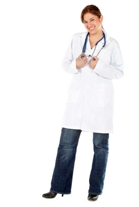 Beautiful female doctor smiling - isolated over a white background