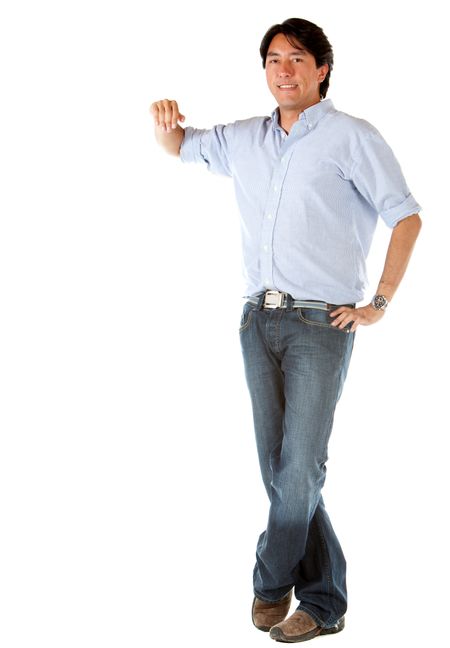 Man leaning on an imaginary object isolated over a white background
