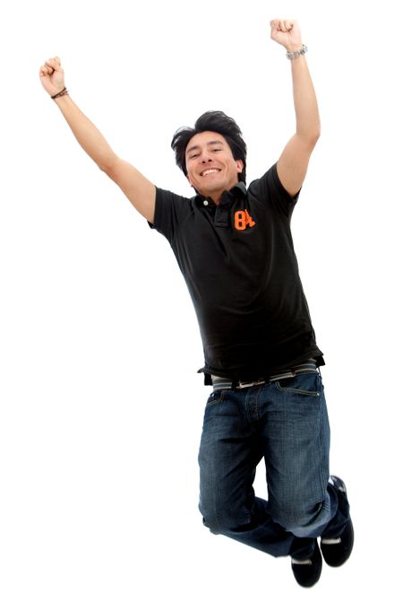 Casual man jumping isolated over a white background