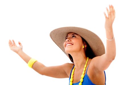 Summery woman wearing a hat and smiling - isolated over white