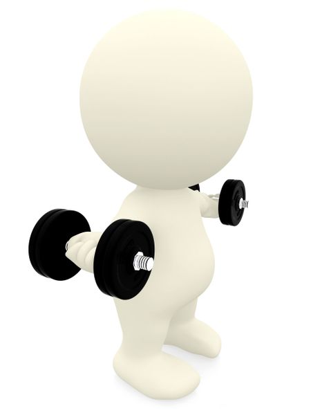 3D person lifting free weights isolated over a white background