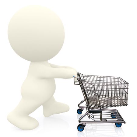 3D person pushing a shopping cart - isolated over white