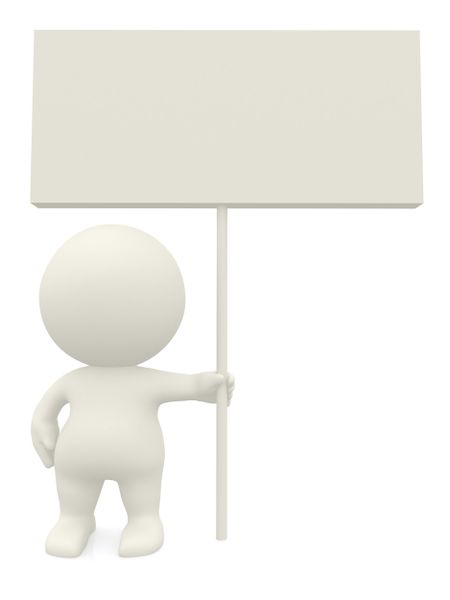 3D person holding a sign isolated over a white background