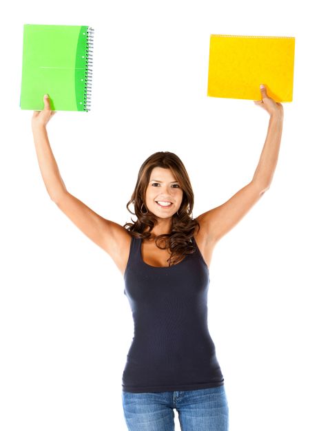 Excited female student isolated over a white background