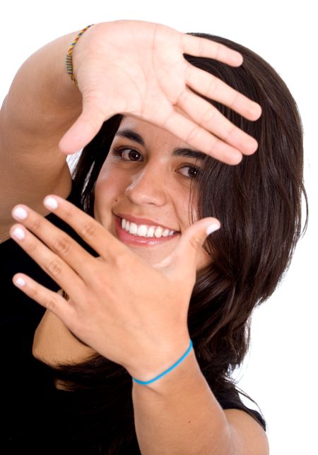 Girl doing a handframe over a white background