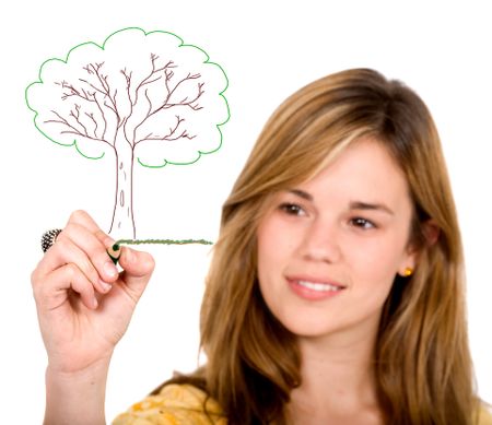 female ecologist drawing a tree on screen over a white background