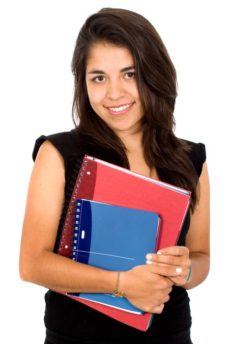female student carrying notebooks over a white background