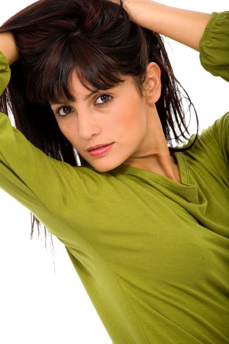 fashion woman portrait in green over a white background