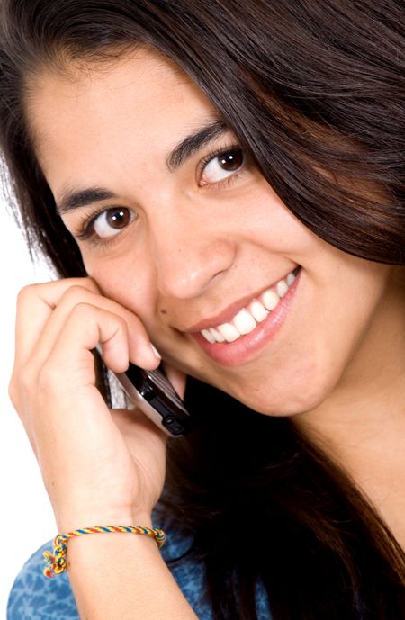 beautiful girl on the phone over a white background