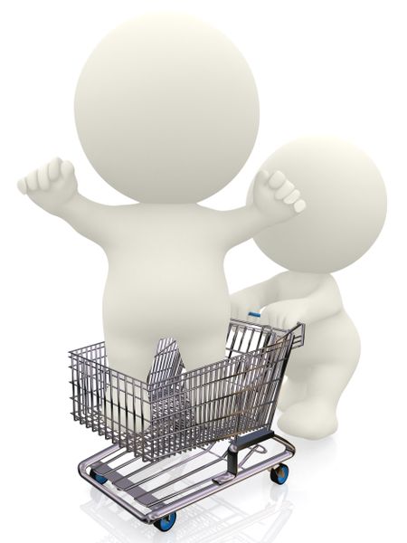 3D person in a shopping cart being pushed - isolated over a white background