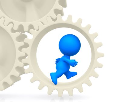 3D man running on gears isolated over a white background