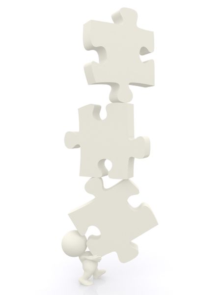 3D man balancing big puzzle pieces isolated over white