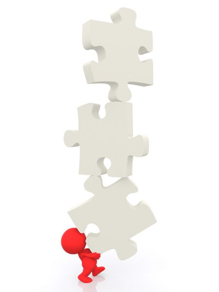 3D man balancing big puzzle pieces isolated over white