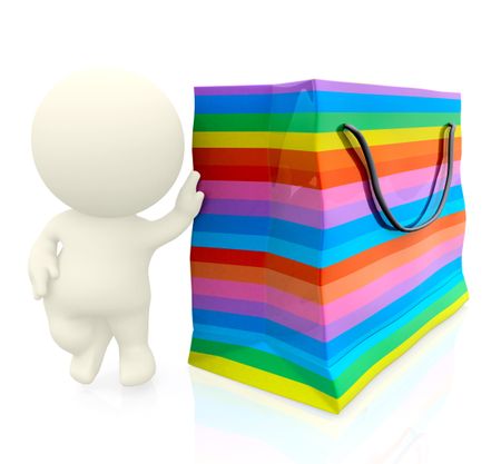3D person with hand on shopping bag - isolated over a white background