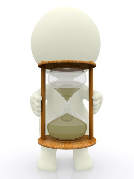 3D man holding sand clock isolated over white