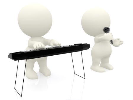 3D men playing keyboard and singing on microphone isolated over a white background