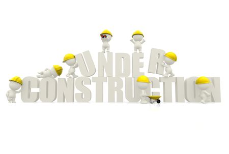 3D man wearing helmets with "under construction" sign isolated over white