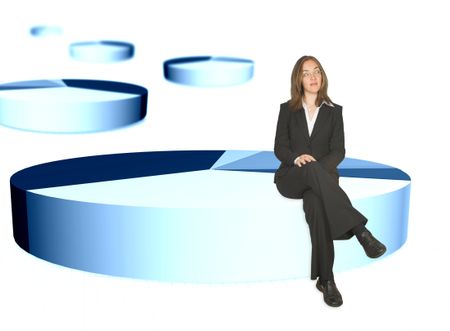 business woman sitting on the biggest portion of a pie chart