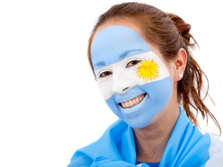Portrait of a female with an argentinian flag painted on her face