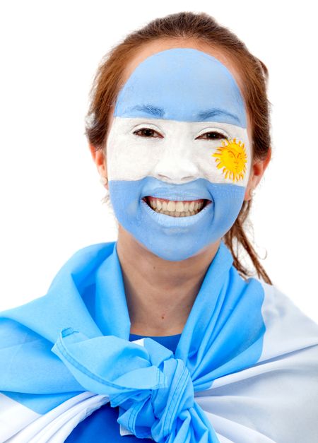 Portrait of a female with an argentinian flag painted on her face