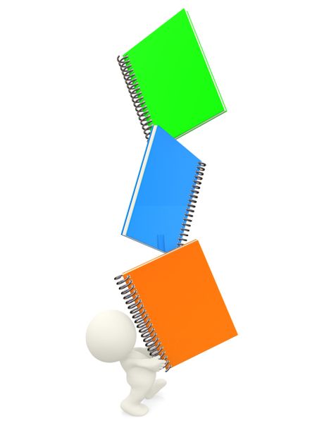 3D person carrying notebooks isolated over a white background