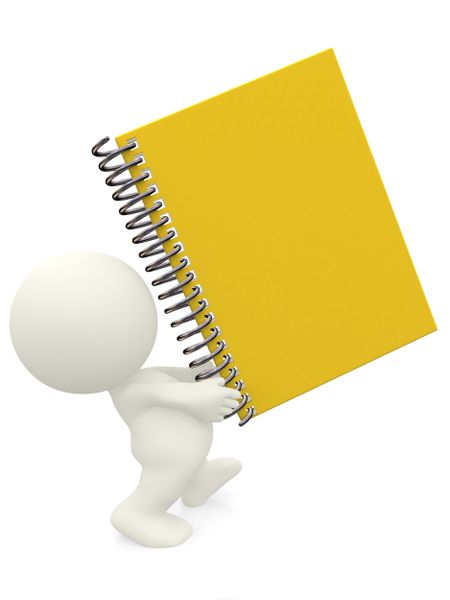 3D person carrying a notebook isolated over a white background