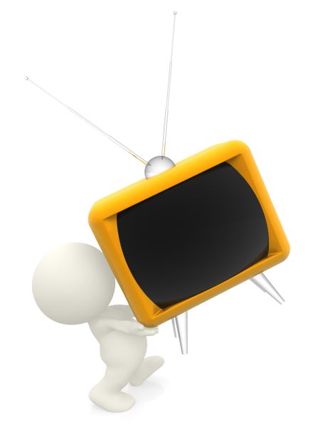 3D person carrying a tv isolated over a white background