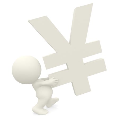 3D person carrying a yen sign isolated over a white background