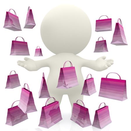 3D person under shopping bags falling isolated over a white background