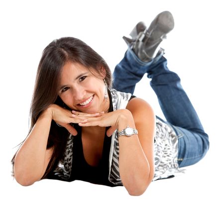Woman lying on the floor smiling isolated over a white background