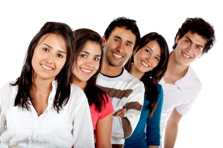 Group of young people smiling isolated over a white background
