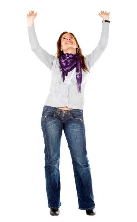 Woman with arms up holding an imaginary object - isolated over white
