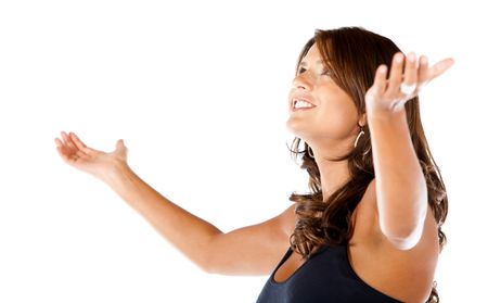 Woman with arms opened isolated over a white background