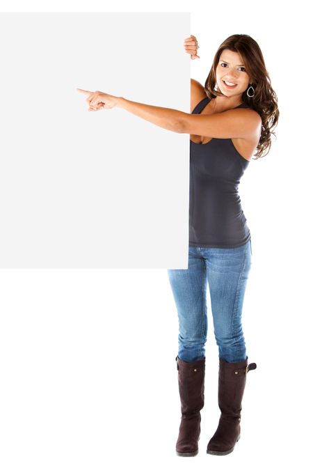 Casual woman holding a banner isolated over a white background