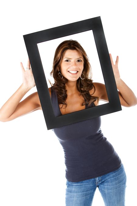 Woman with a frame around her face isolated over a white background