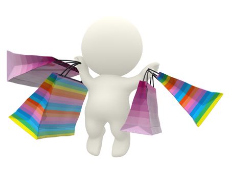 3D person holding shopping bags isolated over a white background