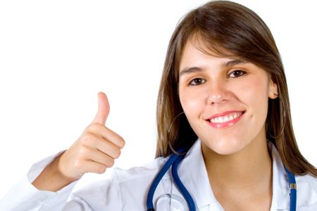 Female doctor with thumbs up isolated over a white background