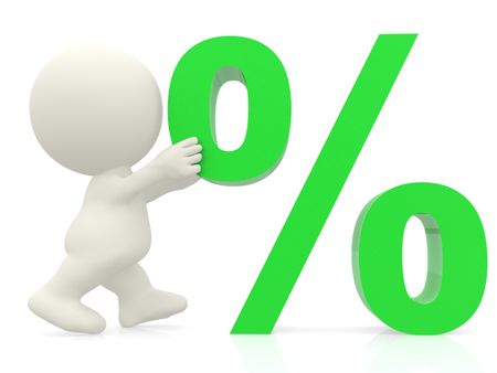 3D man pushing percentage sign isolated over white