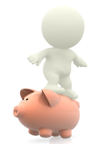 3D man surfing on piggybank isolated over white