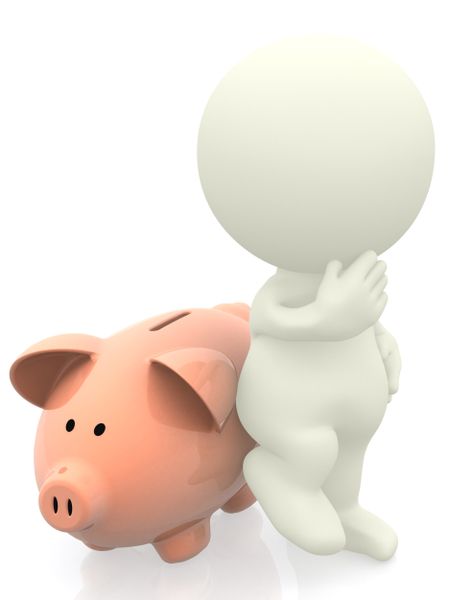 3D man thinking and leaning on a piggybank isolated over white