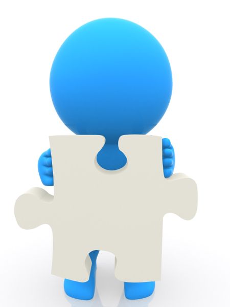 3D person holding the piece of a puzzle isolated over a white background