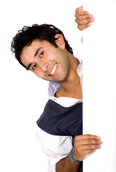 charming guy smiling while appearing in the frame over a white background