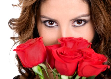 fashion portrait of girl with red roses over a white background