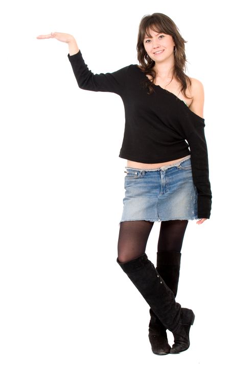 casual girl displaying something imaginary over a white background