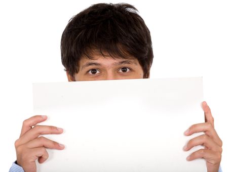 man holding an add with a slightly worried look on his face - over a white background