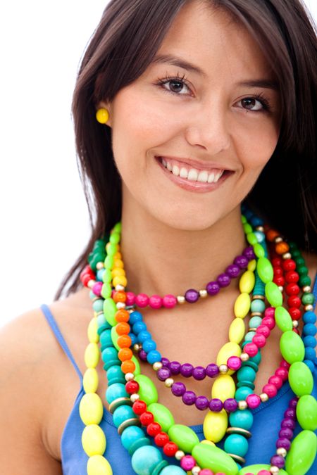 Woman with colorful necklaces isolated over a white background