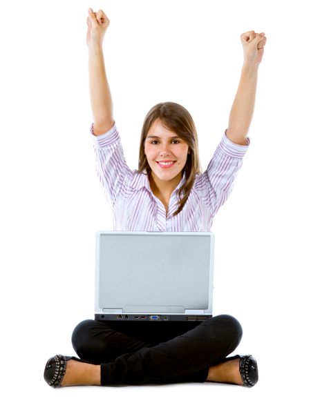 Successful business woman with a laptop isolated over a white background