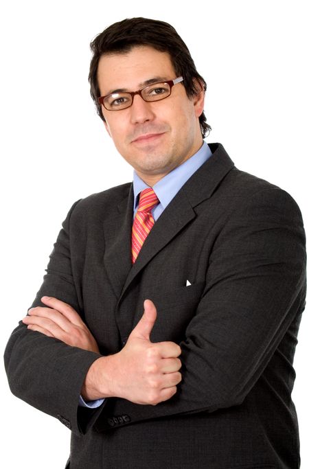 business man portrait with doing the thumbs up sign over a white background